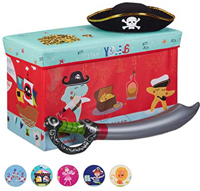 Relaxdays Baúl para Juguetes, Taburete Infantil, Plegable, niñas, Piratas, 50L, Rojo, 36 x 60,5 x 30,5 cm