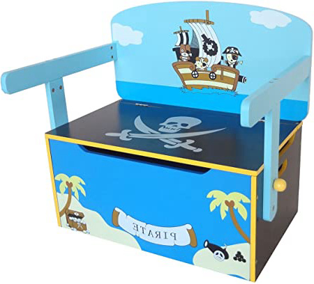 Kiddi Style Caja Almacenaje Juguetes + Banco y Mesa + Silla – Diseño Piratas - Convertible - Madera - par ninos