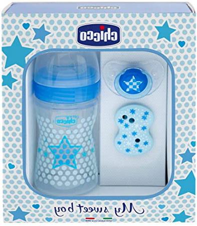 Chicco Wellbeing - Set de regalo con biberón, chupete y clip de silicona, color azul