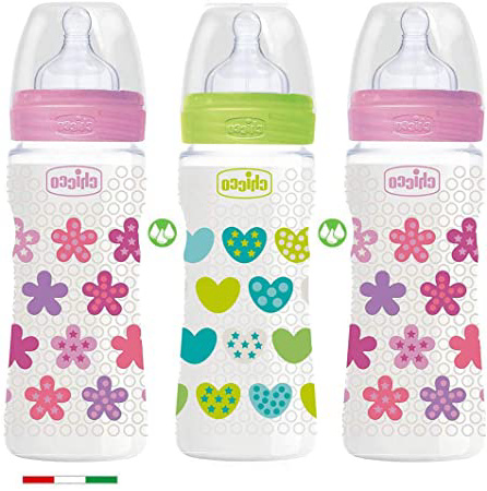 CHICCO biberón 330 flujo rápido, Juedo de 3, Girls colours Mix, made in Italy