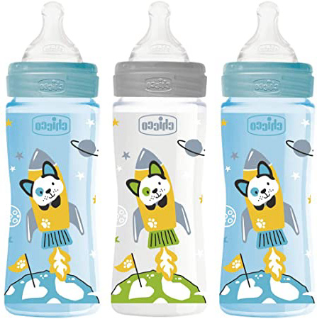 CHICCO biberón 330 flujo rápido, Juedo de 3, Blue colours Mix, made in Italy