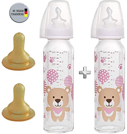 NIP biberon cristal 250 ml / 2 unidades / 4 Tetina Leche ( 2 tetina de silicona +2 tetina de látex )