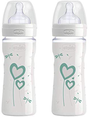 CHICCO botellas de cristal, 2 x 240 ml, Mamá Efecto silicona Aspiradora 0 m +, Fabricado en Italia