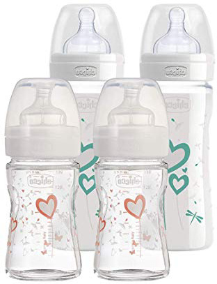 CHICCO biberones de cristal, Juego de 4, Girls (2 x 240ml + 2 x 150ml) Fabricado en Italia