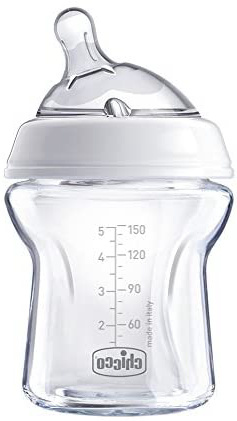 Chicco NaturalFeeling - Biberón de vidrio flujo normal con tetina redondeada anti cólicos, 150ml, 0m+