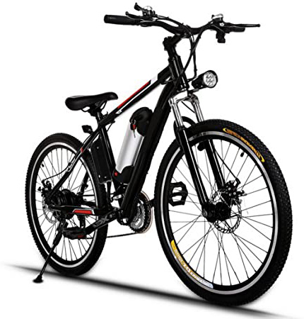 AMDirect Bicicleta de Montaña Eléctrica de 26 Pulgadas E-Bike Sistema de Transmisión de 21 Velocidades con Linterna con Batería de Litio Desmontable 250W 36V, Negro