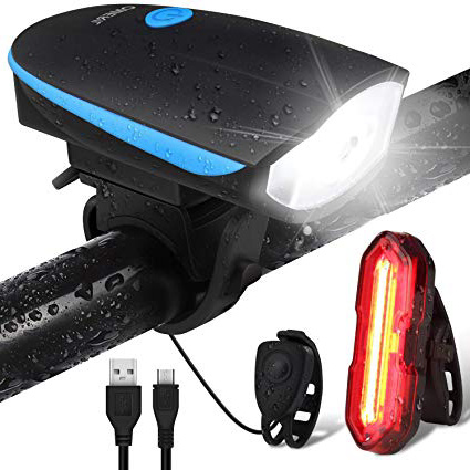 OMERIL Luz Bicicleta Recargable USB, Linterna Bicicleta Impermeable con Luz Bicicleta Delantera, Campana y Luz Trasera Bicicleta, Luz LED Bicicleta para Carretera y Montaña - Seguridad para la Noche