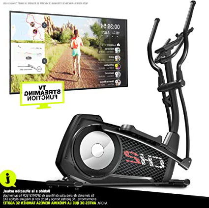 Sportstech CX2 Bicicleta elíptica -Marca de Calidad Alemana- Eventos en Directo y App Multijugador, Generador de Energía Integrado, Entrenador elíptico con Consola y Soporte para Tablet, Volante 27Kg