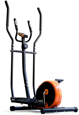 BPlus Bicicleta Elíptica con 8 Niveles de Resistencia. Pulsómetro para Uso doméstico. Panel de Control LCD. Color Naranja y Negro. Ruedas Frontales. Resistencia Regulable.