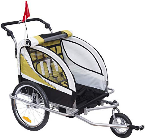 HOMCOM Remolque para Bicicleta tipo Carro con Barra de Paseo para Niños de 2 Plazas con Rueda Delantera Giratoria 360° y Asiento Acolchado Carga Máx. 40kg