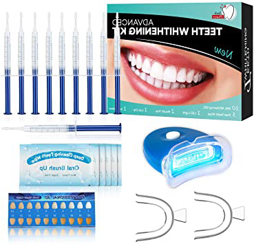 Kit de Blanqueamiento Dental Profesional Blanqueador Dientes Gel,Contra Dientes Amarillos, Manchas de Humo, Dientes Negros-10x3ML Gel, 1x Luz LED, 2x Bandeja Dental