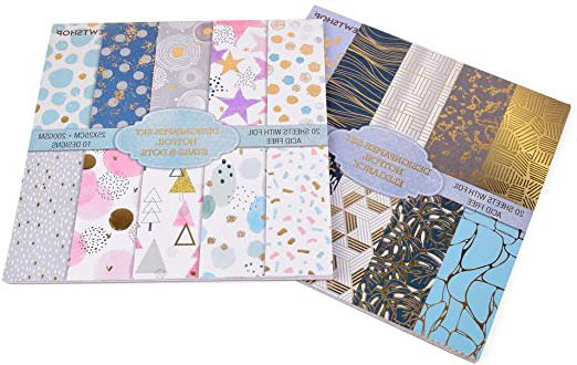 ewtshop® 2 Bloc de Papel de diseño HOTFOIL, Stars&Dots + Elegance, 25 x 25 cm, 20 diseños, Papel con diseño Brillante y lámina Dorada