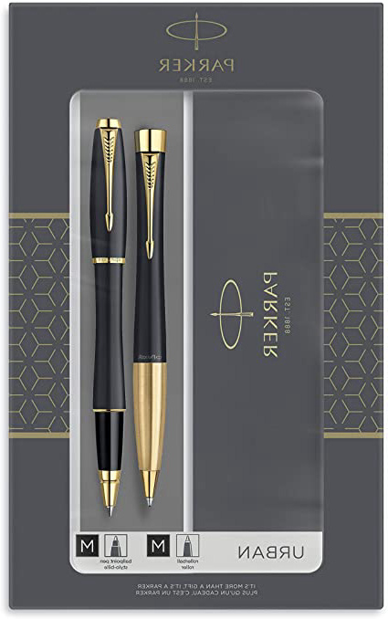 Parker Urban set de regalo doble con bolígrafo y rotulador roller, negro tenue con adorno dorado, cartucho y recambio de tinta negra, estuche de regalo
