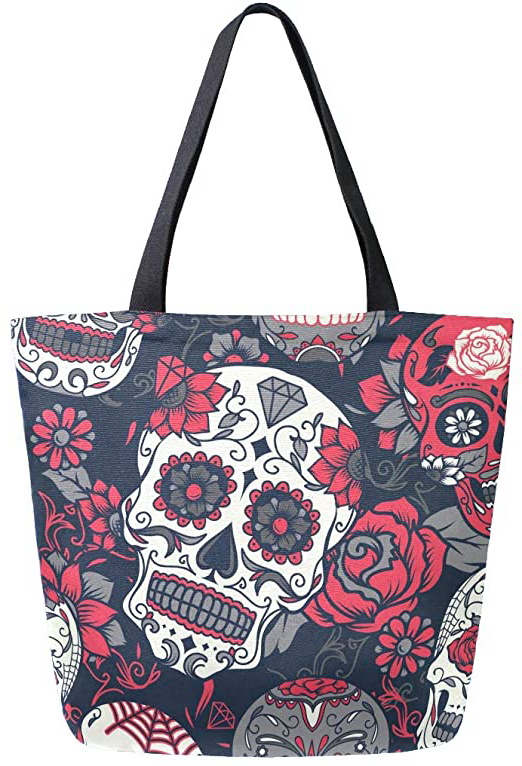 ZZXXB Bolsa de compras reutilizable con diseño de calavera y flores, bolsa de la compra de lona resistente, grande, plegable, lavable, para mujer