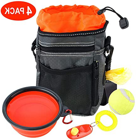 4 Pack Bolsa de Entrenamiento para Perros, Bolsa Premios Perro - Impermeable con Correa Ajustable y Correa para el Hombro - Cuenco Agua Plegable, Bolsa Dispensadora de Caca, Pelota Tenis y Clicker!