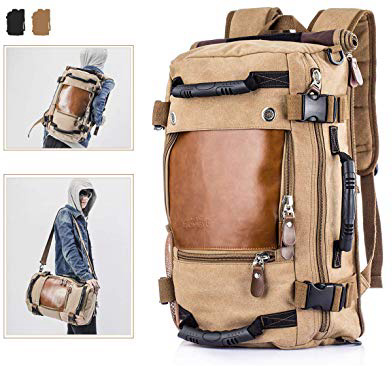 Overmont 35L Multifuncional portátil Vintage Mochila Bolsa Macuto de Lona Cuero para excursión Camping Senderismo Acampada Viaje activiadad al Aire Libre Caqui/Negro