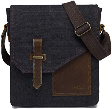 VASCHY Bolsos Hombre Bandolera, Bolso Bandolera Pequeño Bolsa Mensajero Vintage Bolsos Hombre Piel Lona Bolsos Messenger para Escuela Trabajo Viajes Negro