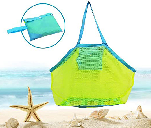 Bornfeel Bolsa de Juguetes Playa Bolsa de Malla para Niños Guardar los Juguetes Bolas Conchas Verde 45 x 30 x 45cm (18 x 12 x 18in)Malla Verde & Correas Azules