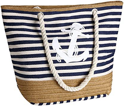 flintronic® Bolsa de Playa para Mujer, Totalizador de Lona de Verano, Bolso Grande con Asa de Cuerda para Playa, día de Fiesta, Compras, Viajes Diseño del Patrón de Anclaje - La Marina