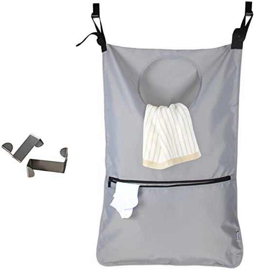 Luxja Bolsa Ropa Sucia Colgar, Bolsas para la Colada con 2 Ganchos de Puerta de Acero Inoxidable Extra, Bolsa de cesto de lavandería, Gris