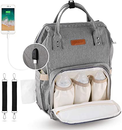 YISSVIC Mochilas para Pañales Bolsa de Pañales Multifuncional de Gran Capacidad Bolsos Cambiadores Pañales con USB Puerto de Carga 2 Ganchos de Cochecito y Bolsa de Preservación de Calor