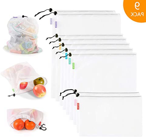 Eono Bolsas Compra Reutilizables Ecológicas Bolsa de Malla para Almacenamiento Fruta Verduras Juguetes Lavable y Transpirable 3 Diversos Tamaños 9/12/16 Unidades (9 Set-2S+5M+2L)