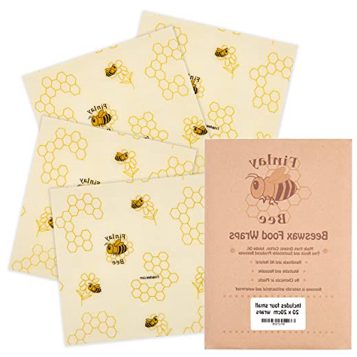 Finlay Bee 4 Pequeños Papel Cera Abeja Alimentos Hecho a Mano – Envoltorio Cera de Abeja – Alternativa Ecológica Libre De Plástico Clingfilm – Incluye Un E-Book con Recetas A Base De Miel