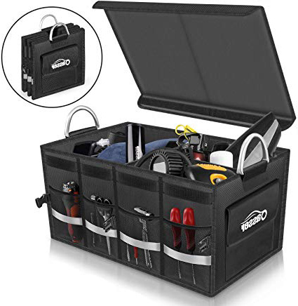 Oasser Organizador Maletero Coche Caja Maletero Coche Bolsa Maletero Coche Organizador Coche con Tapa Gran Capacidad Varios Compartimentos Asas Resistentes Impermeable Plegable Negro E3