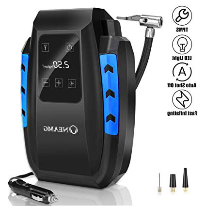 OneAmg Compresor de Aire Eléctrico Portátil Bomba de Aire Eléctrico Hinchador Portátil Alimentado con Manómetro 12V con LED Luces de Emergencia para Hinchar Neumático de Moto Coche y Bicicleta (Blue)