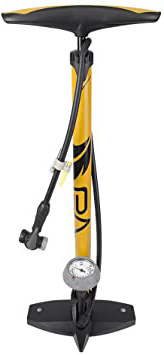 BV - GF55P - Bomba de Aire de pie para Bicicleta, Piso de Acero, 160psi, Valvula Presta y Schrader, Color Amarillo y Negro.