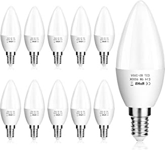ZIKEY Bombilla Led E14 Vela, 6W (equivalente a 50W), C37 Blanco Frío 6000K 600lm No regulable - 10 unidades