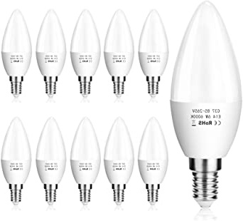 ZIKEY Bombilla Led E14 Vela, 6W (equivalente a 50W), C37 Blanco Frío 6000K 600lm No regulable - 10 unidades
