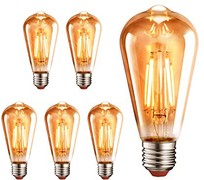LVWIT Bombillas Marrón ST64 de Filamento LED E27 (Casquillo Gordo) - 8W Equivalente a 60W, 806 lúmenes, Color Blanco cálido 2700K. Bombilla Retro Vintage, No Regulable - Pack de 6 Unidades