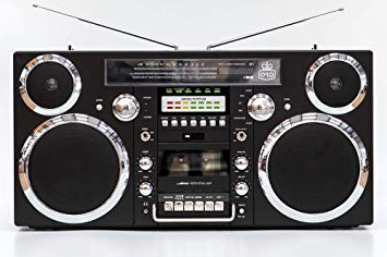 GPO Brooklyn Altavoz portátil con diseño de los 80 - Reproductor de CD, casete, radio FM y DAB+, USB, Altavoz Bluetooth inalámbrico - Negro