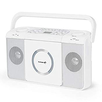 Auna Boomtown - Radio CD, Equipo estéreo, Boombox, Radiograbadora, MP3, CD, USB Radio FM, con Pilas o con Cable, Blanco