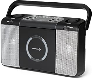 Auna Boomtown - Radio CD, Equipo estéreo, Boombox, Radiograbadora, MP3, CD, USB, Asa, Radio FM, 2 x 1,5 W de Potencia Media, con Pilas o con Cable, Negro