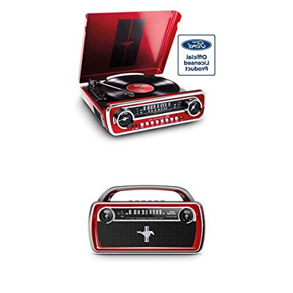 ION Audio Mustang LP Red + Mustang Stereo - Centro de Música con Diseño de Radio de Coche Clásico, con Giradiscos, Radio, USB + Altavoz Boombox Estéreo Inalámbrico Bluetooth con Radio FM