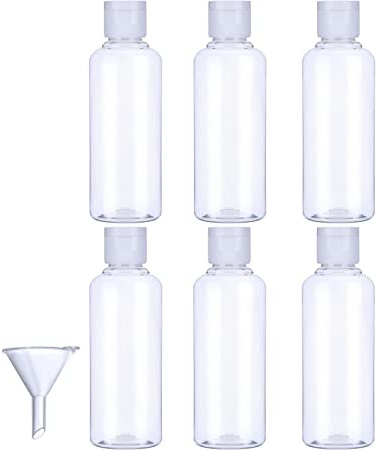 Botella de Viaje de Plástico Botella Transparente de Vuelo con Embudo Pequeño para Vuelo, Aeropuerto, Vacaciones (6 Piezas, 100 ML)