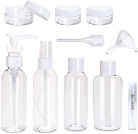 Set Botellas de Viaje – 8 Envases con Bolsa de Mano 1 litros para Líquidos (Transparente) para Cosméticos Champú Gel Crema + Pipeta y Embudo para llenado fácil Equipaje de Mano