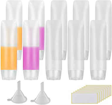 10 pcs de transparente envase de loción exprimible MEZOOM de botellas PE plastico de contenedor viaje con dos embudos y una etiqueta en equipaje o bolso