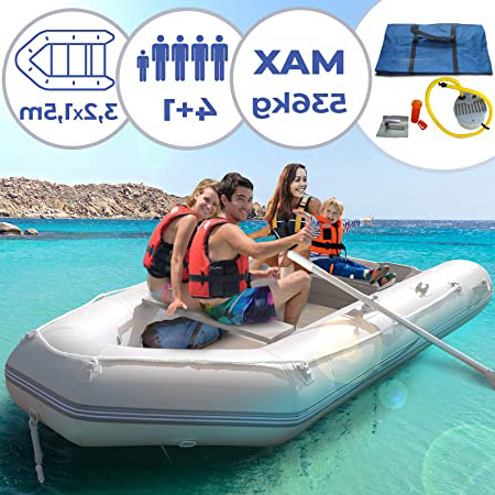 Jago Barca Hinchable para 4 Personas - 320 x 152 cm, con 2 Remos de Aluminio y Bomba, Capacidad 536 kg, Suelo de Aluminio, para 4 Personas Adultas y 1 Niño - Bote Neumático, Barco Inflable, de Pesca