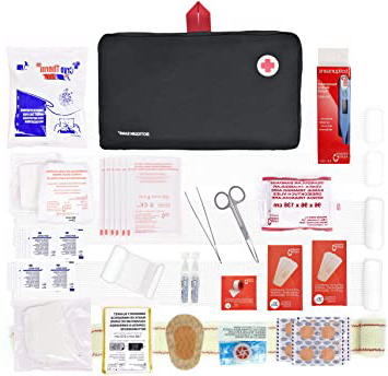 Botiquín de primeros auxilios PREMIUM con 120 artículos (incluye termómetro, manta de emergencia, suero fisiológico, etc)