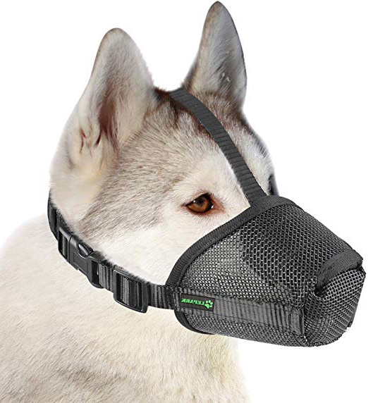 ILEPARK Bozal para Perro de Malla de Nylon con Correa Encima de la Cabeza para Perros Pequeños, Medianos y Grandes - Evita Morder, Ladrar y Masticar (M,Negro)