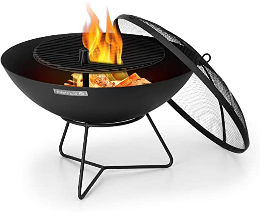 blumfeldt Orbit - Brasero, 3 en 1, Fogata, Parrilla, Mesa de jardín, Cubierta protección chispas, Diámetro 60 cm, Pared de 1,5 mm, Depósito Cenizas, 4 Alturas, Atizador, 3 Patas, Acero, Negro