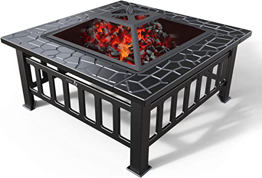 VOUNOT Brasero Exterior para Jardín y Terraza, 3 en 1 Metal Fire Pit, Pozo de Fuego con Barbacoa, 81 x 81 x 45 cm