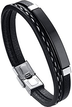 LEGADO Pulsera Hombre, Cuero PU y Acero Inoxidable, Brazalete Vikingo Chico Negra combinable con Anillo Pendiente Collar Colgante o Tobillera muñequera, Personalizable