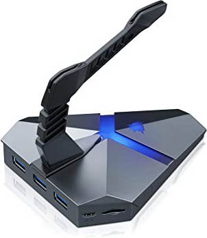 TITANWOLF - Soporte para Cable del ratón hub USB 3.0 - Micro USB 3.0 - Lector de Tarjetas -3 USB 3.0 Tipo A + Ranura MicroSD - Iluminación LED Azul - Diseño futurista- para Windows, Mac, Linux
