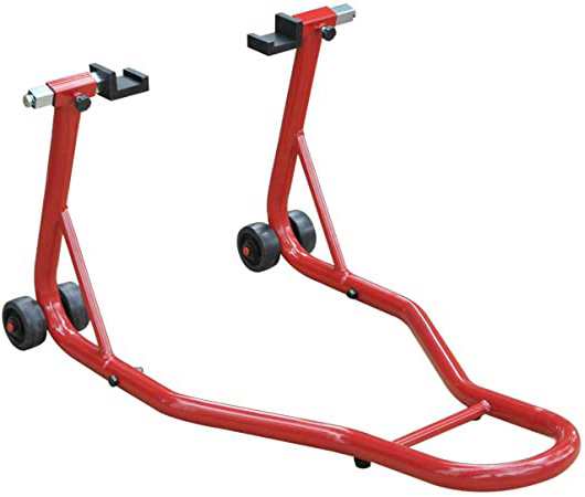 HOMCOM Caballete de Moto Soporte Posterior Universal Portátil y Móvil Tipo Elevador con 2 Horquillas y Ruedas 80x50x40cm Color Rojo y Material de Acero