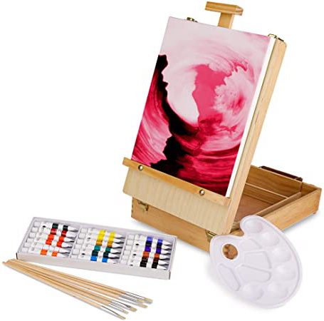 Artina Florenz set de pintura de 28 piezas caballete maletín de mesa para profis y aficionados 18 colores acrílicos, lienzo, 6 pinceles y paleta