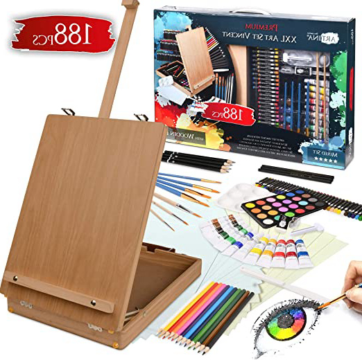Artina Set de Pintura de 188 Piezas para Adultos y niños Vincent - con Caballete maletín de Pintura de Mesa, tizas de óleo, Acuarelas, acrílicos, lápices de carboncillo y Mucho más - Kit Pintura